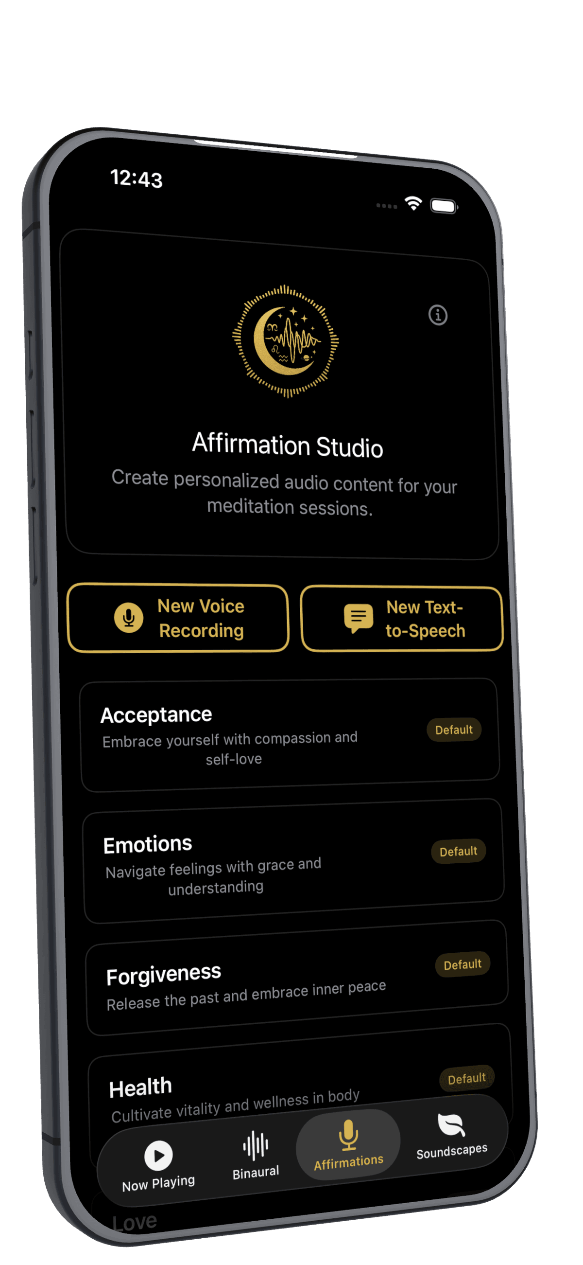 Affirmations interface on device